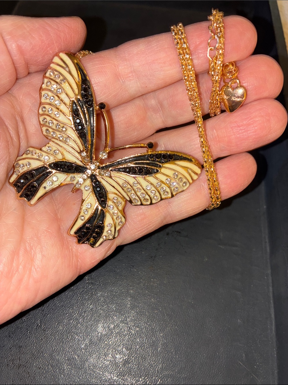 Gold-Tone Butterfly Pendant Necklace with Black and Cream Enamel